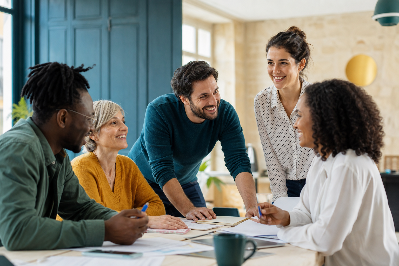 Une équipe de professionnels de l'action sociale échange autour d'une table