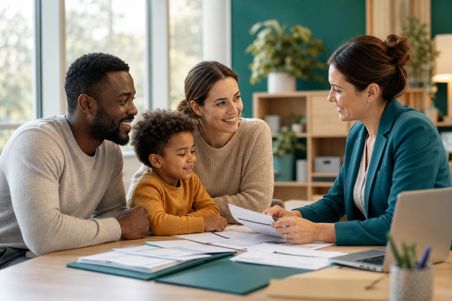 Une conseillère accompagne une famille dans ses démarches administratives